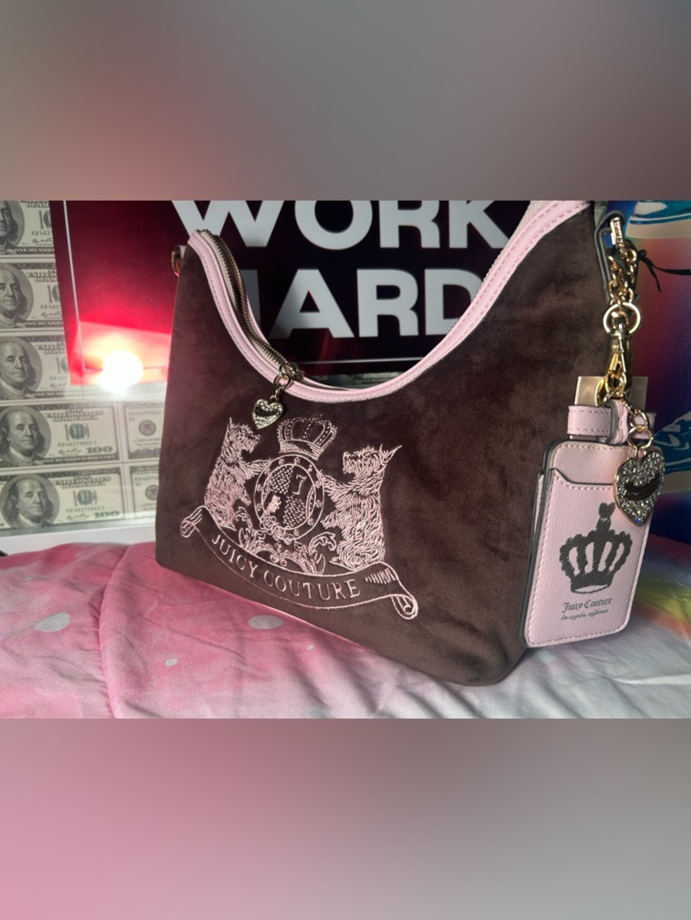 Juicy Couture Chocolate Brown Suede Shoulder Bag with Pink Trim